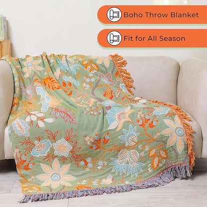Boho Throw Blanket for Bed-Soft Cotton Rustic Quilt 80"×90",Floral Printed Farmhouse Decor Muslin Bed Blankets for Sofa Couch Chair, Seasons