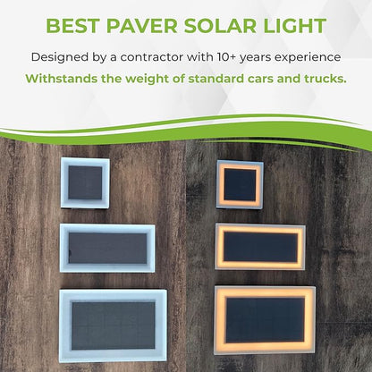 LUMENGY Solar Paver Light 4×8 inch, 2700K, Up to 18 Hours Continuous Lighting, Stainless Steel, Thick Glass, Glare-Free Illumination for Driveways, Pathways & Garden, Waterproof & Drive-Over Rated