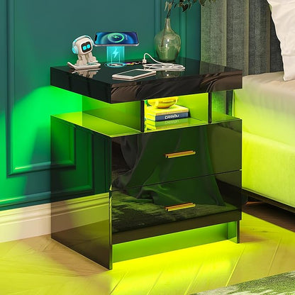 Night Stand with Light, High Gloss Nightstand with USB/Wireless Charging Station, LED Black Nightstands with Storage Drawers, RGB Side End Table for Bedroom Furniture（Black）