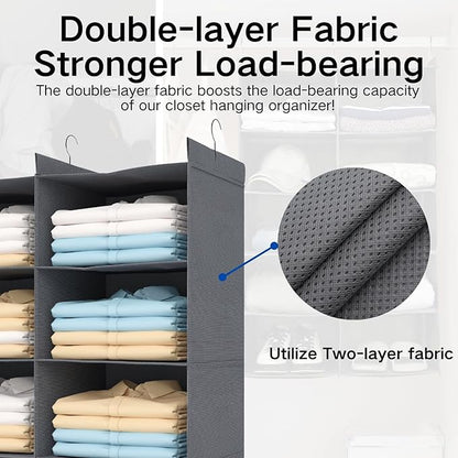 5 Tier Shelf Hanging Closet Organizer, Dual-Row 10 Pocket Cloth Hanging Shelf with 3 Sturdy Hooks for Storage, Foldable (Grey)