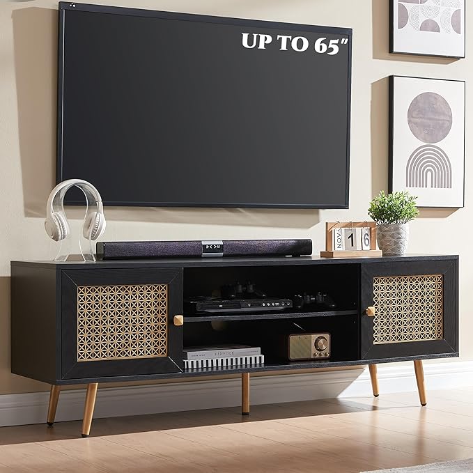 Mid Century Modern TV Stand for 65 inch TV, Entertainment Center with Storage, Metal Mesh Decorated Cabinet Doors for Living Room, Black