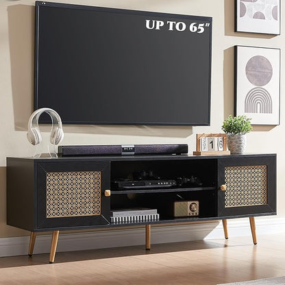 Mid Century Modern TV Stand for 65 inch TV, Entertainment Center with Storage, Metal Mesh Decorated Cabinet Doors for Living Room, Black