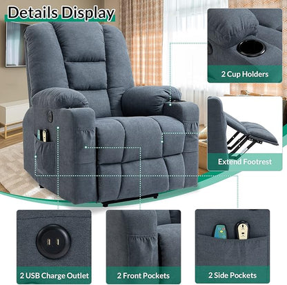 VIVIJASON Power Lift Chair Electric Recliner for Elderly Heated Vibration Massage Soft Fabric Recliner Chair with 2 Remote Controls, USB Ports, Side Pockets & Cup Holders for Living Room (Blue)