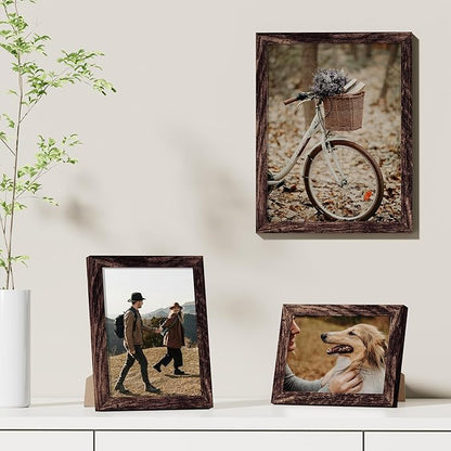 Vittanly 9x12 Picture Frames Set of 9, Shatter Resistant Plexiglass, Display 6x8 Pictures with Mat or 9x12 without Mat, Photo Frames for Wall or Tabletop, Engineered Wood, Brown