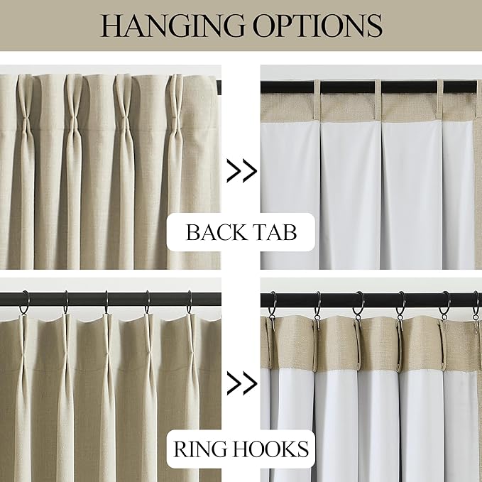 Vision Home Sand Pinch Pleated Full Blackout Curtains Linen Blended Room Darkening Window Curtains 112 inch for Living Room Bedroom Thermal Insulated Pinch Pleat Drapes with Hooks 40" Wx112 Lx2
