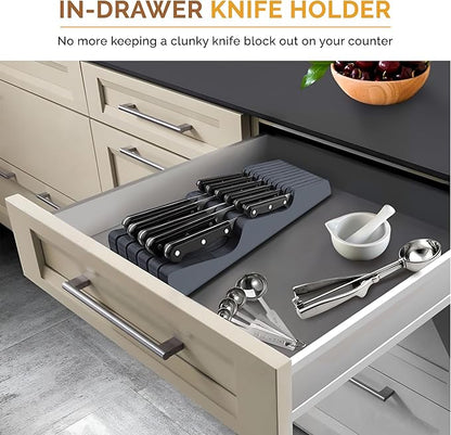 In-Drawer Knife Block - Bamboo Knife Drawer Organizer for Kitchen - Fits 5 Long + 6 Short Knives, Store Knives with Blades Pointing Down - Wooden Steak knife Holder without Knives (Grey)
