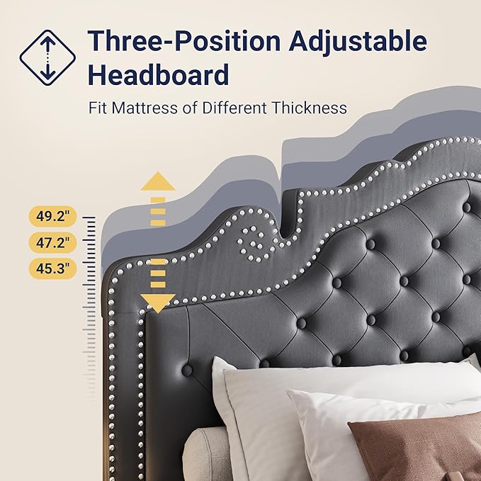 Allewie King Size Bed Frame with Adjustable Velvet Tiara Headboard, Upholstered Diamond Button Tufted Platform Bed, Wood Slats Support, No Box Spring Needed, Light Grey