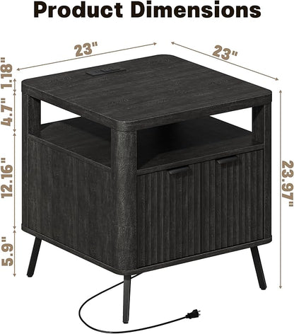 Nightstand with Charging Station, 24" End Table Side Table with Open Shelf, Modern Large Wood Fluted Bedside Cabinet for Bedroom, Living Room, Black