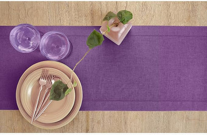 Solino Home Linen Purple Table Runner 132 Inches Long - 100% Pure Linen Extra Long Table Runner 14 x 132 Inch for Fall, Autumn, Halloween, Thanksgiving - Classic Hemstitch