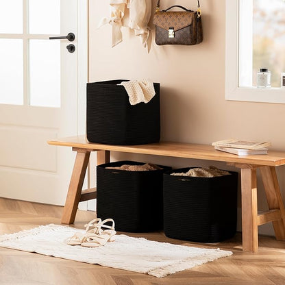 joybest Cube Storage Bins Set of 4, 13inch Cube Baskets Organizer for Nursery, Square Cotton Rope Baskets for Shelves Organizing, Kids Toy, Closet Storage, Black
