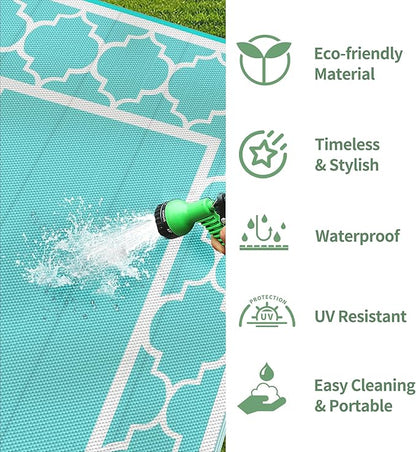 GENIMO 6' x 9' Outdoor Rug Waterproof for Patio Decor, Reversible Plastic Straw Area Mats Carpet for Camper Clearance, Outside Carpet for Rv, Deck, Porch, Beach, Balcony, Aqua Blue & White
