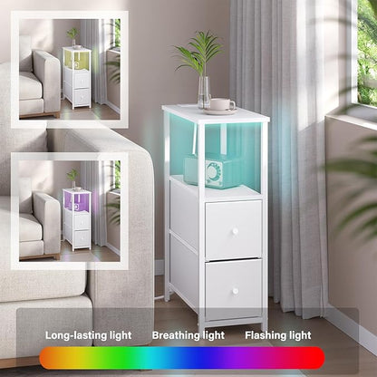 TUTOTAK Small Narrow LED End Table with Charging Station, Side Table Outlets, Nightstand with 2 Cloth Drawers, Couch Table, for Living Room, Bedroom, Bedside, White TB01BW085L
