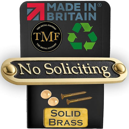 No Soliciting Brass Door Sign. Traditional Style Home Décor Wall Plaque Handmade By The Metal Foundry UK.