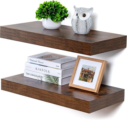 Deep Floating Shelves, 12 Inch Deep Rustic Floating Shelves Set of 2, 24 Inch Large Wall Mounted Wood Shelves for Books Laundry Room Living Room Bedroom Kitchen Home Office - Rustic Brown