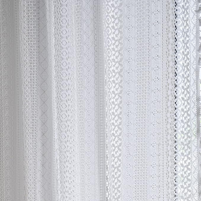 Sutuo Home White Crochet Boho Curtains 63 Inches Length, Sheer Lace Handmade Tassels Knitted Window Treatment Vintage Rustic Bohemian Farmhouse Drape for Bedroom Rod Pocket 1 Panel 59" W x 63" L