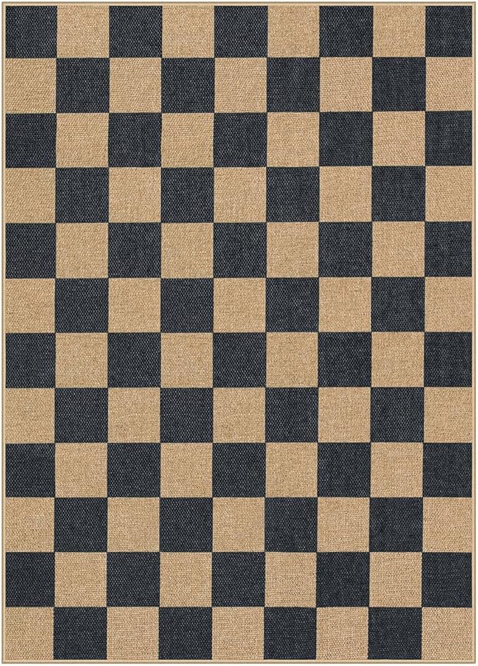 Lahome Checkered Easy Jute Area Rug, 5x7 Outdoor Patio Rug Washable Carpet for Living Room Checkerboard Indoor Outdoor Carpet, Farmhouse Geometric Non Slip Black Mat for Backyard Dining Room