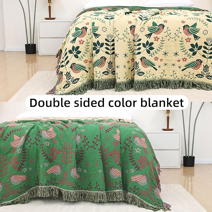 Boho Throw Blanket for Bed, 100% Pure Cotton Ultra Soft Rustic Quilt, Farmhouse Decor Bed Blankets, All Season Rustic Throw for Sofa Couch Chair(91''x 98'', Bird B)