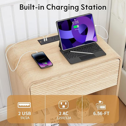 Fluted Nightstand Set of 2 with Charging Station, Modern Bed Side Table End Table with Drawer Storage, Large Wooden Night Stands Bedside for Bedroom Living Room Sofa Office, Natural 2 Sets