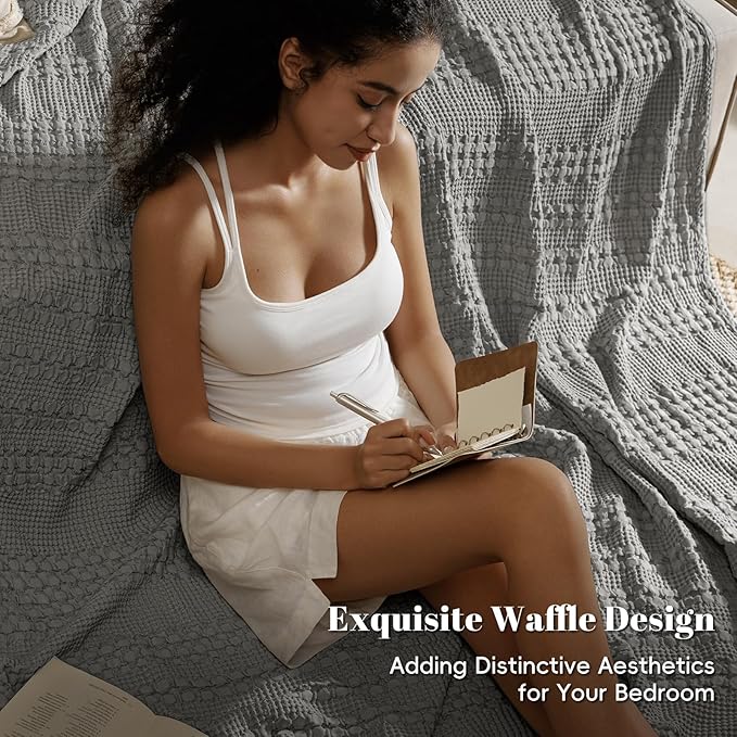 PHF 100% Cotton Waffle Weave Blanket Queen Size, Soft Lightweight Breathable Cozy Summer Blankets for Bed, Luxury Aesthetic Woven Bedding for Home Decor, 90"x90", Dark Grey