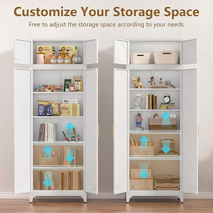 Kitchen Pantry Cabinet, 90" Tall Metal Pantry Cabinet, Food Cupboards with Doors and Shelves, Freestanding Storage Cabinets for Dining, Living Room, 16"D x 32"W x 90"H, White, Assembly Required