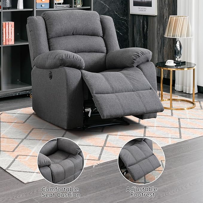 EBELLO Classic Power Recliner Chair, Oversized Electric Reclining Chair with Overstuffed Cushion and Back, Soft Fabric Adults Single Recliner Sofa for Living Room, Set of 2 Grey