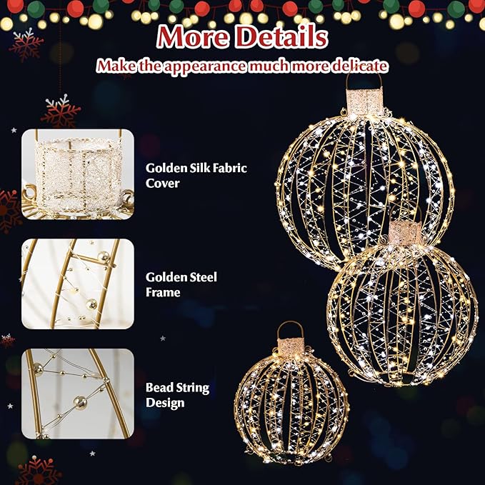 Tangkula Christmas LED Light Balls for Tree (3 Pack), Outside Lighted Sphere with 180 Warm White & 180 Cold White Lights, Holiday Lighted Decorations, Christmas Sphere Balls for Indoor Outdoor Decor