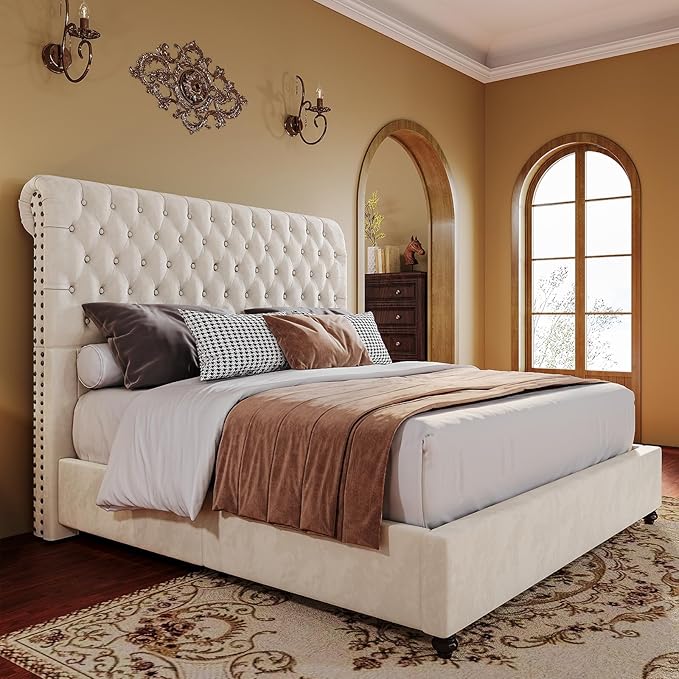PaPaJet Bed Frame Queen Size Upholstered Platform Bed with 52.8'' Tall Sleigh Headboard, Button Tufted, No Box Spring Needed, Easy Assembly, Cream