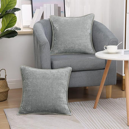 decorUhome Chenille Soft Throw Pillow Covers 26x26 Set of 2, Farmhouse Velvet Neutral Decorative Euro Pillow Covers with Stitched Edge for Couch Sofa Bed Home Decor, Neutral Gray