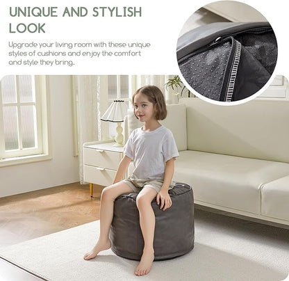 HIGOGOGO Round Stuffed Pouf Ottoman, Pu Leather Poufs with Foam Chunk Filling Foot Stool Storage Ottoman, 26 X 18 Floor Poufs Foot Rest for Living Room, Grey