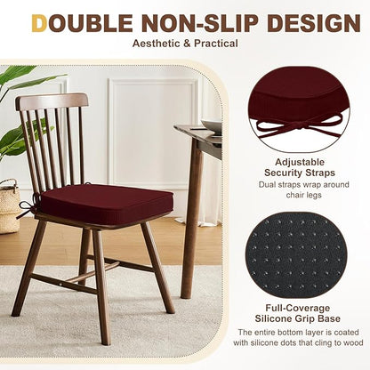 downluxe Chair Cushions for Dining Chairs, Waterproof Kitchen Chair Pads, Non-Slip Dining Seat Cushion with Ties, 17" x 16" x 2.5", Burgundy, 4 Pack