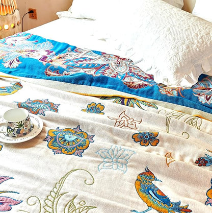 Boho Throw Blanket, 100% Organic Cotton Breathable Ultra Soft Bed Quilt Throw - All Season Floral Bird Butterfly Farmhouse Decor Blanket for Sofa Couch Chair and Gift. 60" x 80"