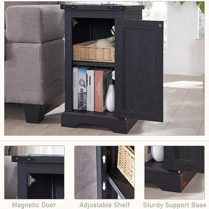 JXQTLINGMU Nightstand with Charging Station, Rectangular Farmhouse End Table with Barn Door and Adjustable Storage Shelf, 17" Deep Wood Rustic Sofa Side Table for Living Room, Bedroom, Black