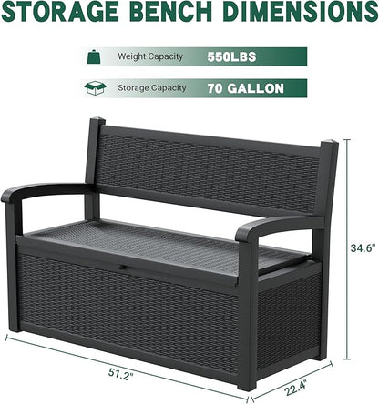 70 Gallon Outdoor Storage Box, Resin Patio Furniture with Armrest, Lockable Deck Box with Waterproof and UV Resistant for Patio Cushions, Garden Tools and Pool Supplies, Black