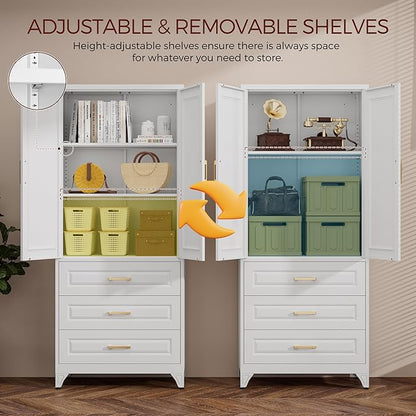 75" Kitchen Pantry Cabinet, Metal Storage Cabinets with Doors and Adjustable Shelves, White Tall Pantry Cabinet with 3 Drawers for Dinning Living Room