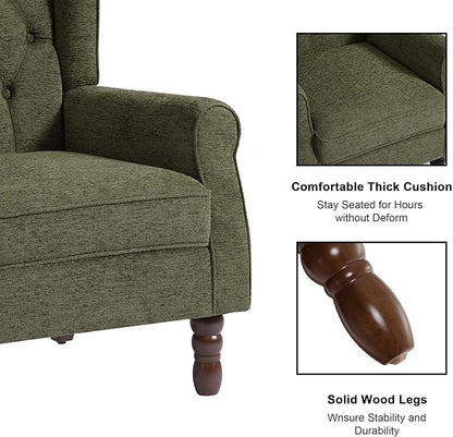 Accent Chair, Upholstered Armchair with Button Tufted High Back & Solid Wood Legs, Comfy Wingback Reading Single Sofa Chair for Small Spaces, Living Room, Bedroom (Green, Set of 1)
