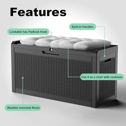 Vixzen 60 Gallon Outdoor Deck Box,Lockable Resin Waterproof Storage Box,UV Resistant,Weather Resistance,Outside Storage Bin for Gardening Tools,Pool Supplies,Black