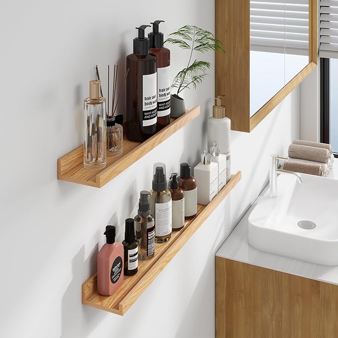 Floating Picture Ledge Shelves 48 Inch Solid Oak Wood Set of 2, Rustic Wall Storage Shelves with Lip, Kids Bookshelf, Photo & Picture Ledge Shelves for Bedroom, Living Room, Kitchen