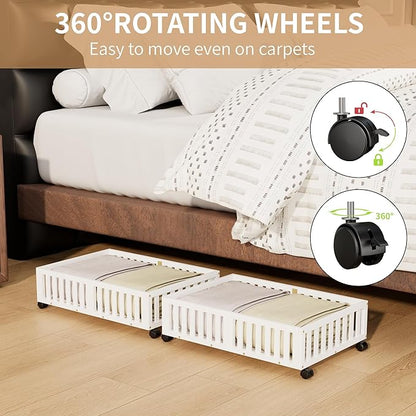 Bamboo Under Bed Storage with Wheels (2-Pack) – Rolling Underbed Shoe Organizer Box for Shoes, Blankets, Toys, Clothes Container Space-Saving Organizer Bins for Bedroom, Closet, Dorm, Nursery