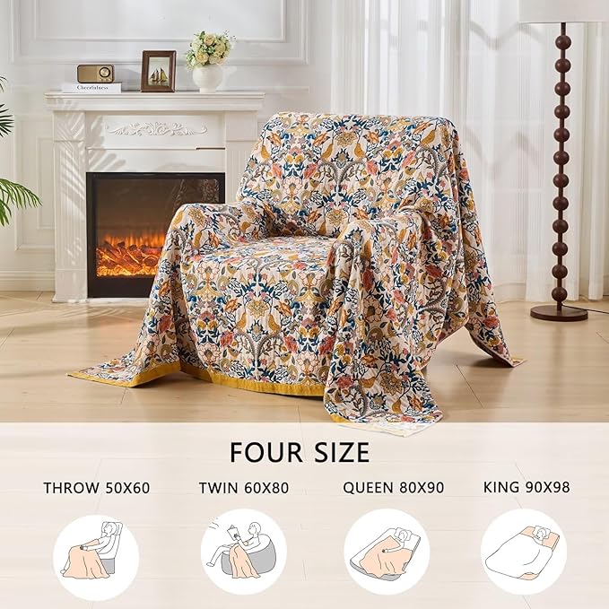 Boho Throw Blanket for Bed Couch 100% Cotton Woven Bed Throws for Summer, Lightweight and Soft Cozy Farmhouse Reversible Muslin Decorative Blanket for Travel Picnic, Teal/Cream, 80"x90"