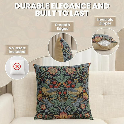 Charlotte Home Furnishings Throw Pillow Covers, Decorative Boho Pillow Covers for Couch, Living Room, Blue Strawberry Square Cushion Cases 18x18 in, European Cotton Jacquard Woven, Cozy Bedroom Decor