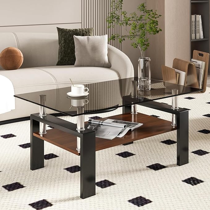 Glass Coffee Table Rectangle Living Room Center Table, with Gray Tempered Glass Tabletop and Brown MDF Layer,for Living Room and Office, Gray+Brown