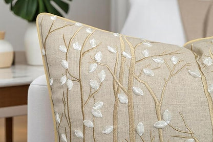 VAGMINE Embroidered Forest Throw Pillow Cover - 18x18 Inches Square - 100% Linen Natural Decorative Cushion Cover - Elegant Embroidery - Rustic Home Accent for Sofa, Bed, Couch, Farmhouse Décor