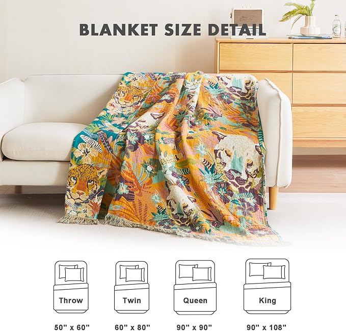 MSGKV Throw Blanket for Couch Bed Cotton Muslin Breathable Leopard Animals Twin Size Blanket 60"x80" for All Seasons Lightweight Farmhouse Blankets