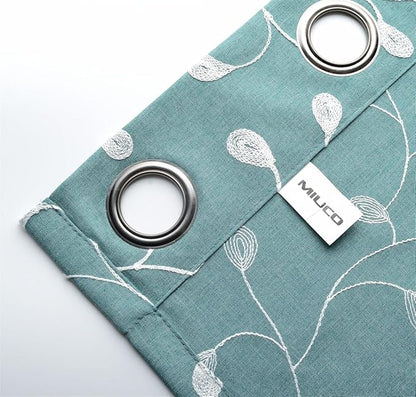 MIUCO Floral Embroidered Semi Sheer Curtains Faux Linen Grommet Window Panel Pair for Bedroom 52 x 63 Inch, Teal