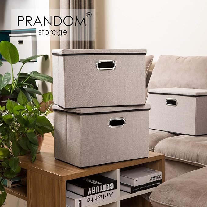 PRANDOM Large Foldable Storage Bin with Lid [1-Pack] Linen Fabric Decorative Storage Box Organizer Container Basket Cube with Handles Divider for Closet Office Living Room Light Grey(17.7x11.8x11.8)