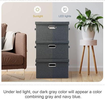 Medium 15" 21 Quart Collapsible Stackable Storage Bins with Lids, 3 Packs Dark Grey Foldable Fabric Closet Boxes Heavy-duty Linen Cube Baskets Container for Bedroom Office (15 x 11 x 8)