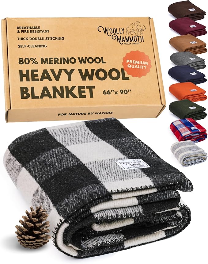 Woolly Mammoth Woolen Company Camping Wool Blanket - 66 in x 90 in Black & Cream Plaid - Heavyweight Merino Wool Outdoor Throw Blanket & Bedroll - Insulating Warm for Winter, Picnic & Travel