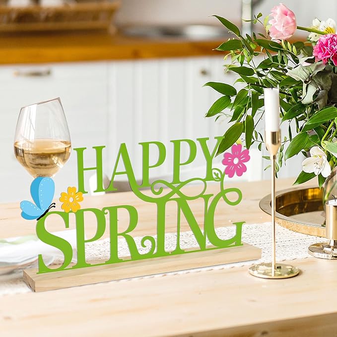 COCHIE Metal Happy Spring Sign, Spring Decorations for Home, Office, Shelf, Mantel, Indoor, Spring Flower Decor, Spring Butterfly Table Top Party Decoration (Spring)