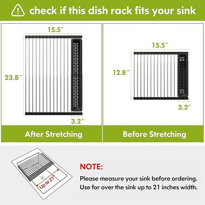 Dish Drying Rack, Roll Up Dryer Rack for Inside Sink, Expandable (12.8"-23.8" D x 15.5" W) 304 Stainless Steel Dish Drainers for Kitchen Counter, Over Sink Cover with Utensil Holder