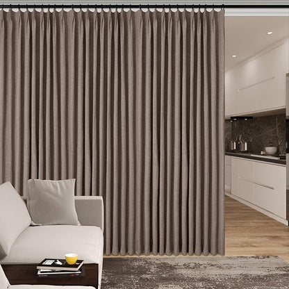 Extra Wide 100% Blackout Linen Textured Curtains - Room Dividers, W200 x L84 (1 Panel), Pinch Pleat Drapes for Living Room, Full Light Block Out Drapery for Sliding Door, Light Brown